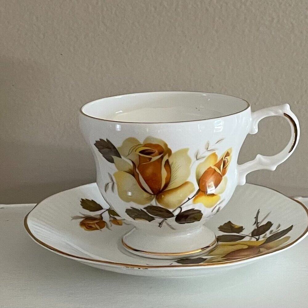 Vintage Royal Dover Bone China Teacup & Saucer, Yellow Rose, Gold Trim